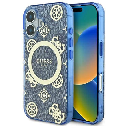 Étui MagSafe pour Apple iPhone 16, Guess, IML Peony On 4G Background, Bleu