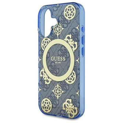 Étui MagSafe pour Apple iPhone 16, Guess, IML Peony On 4G Background, Bleu