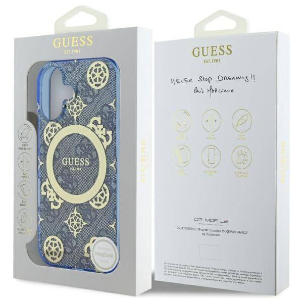 Étui MagSafe pour Apple iPhone 16, Guess, IML Peony On 4G Background, Bleu