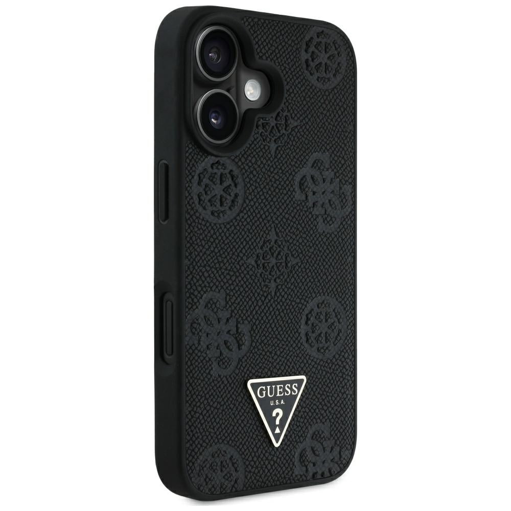 Étui MagSafe pour Apple iPhone 16, Guess, Peony Grained Hot Stamp Triangle, Noir