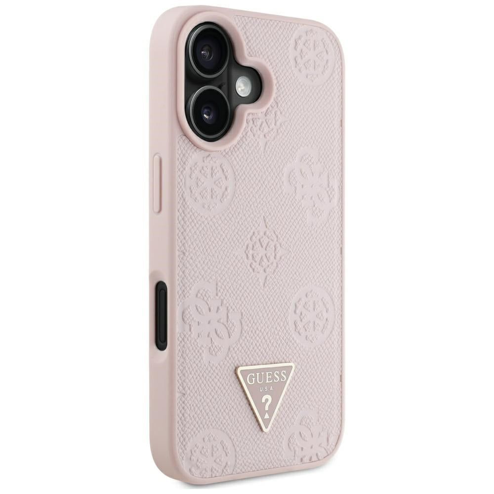 Custodia MagSafe per Apple iPhone 16, Guess, Peony Grained Hot Stamp Triangle, Rosa