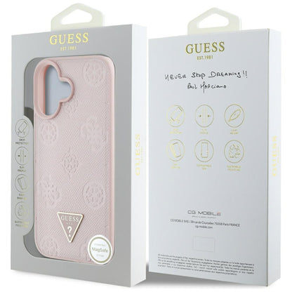 Custodia MagSafe per Apple iPhone 16, Guess, Peony Grained Hot Stamp Triangle, Rosa