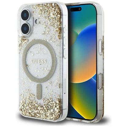 Custodia MagSafe per Apple iPhone 16, Guess, Resin Bottom Glitter, Dorata