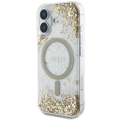 Custodia MagSafe per Apple iPhone 16, Guess, Resin Bottom Glitter, Dorata