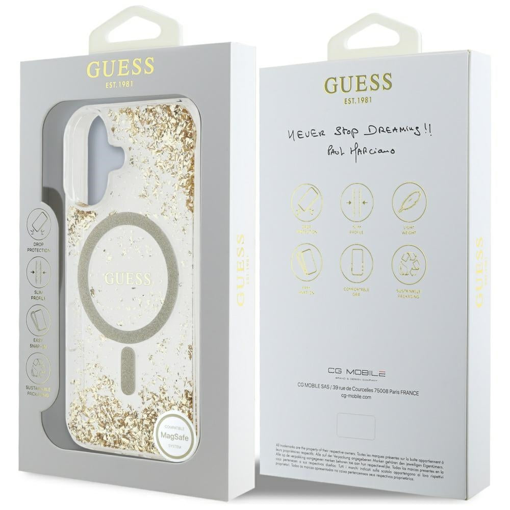 Custodia MagSafe per Apple iPhone 16, Guess, Resin Bottom Glitter, Dorata