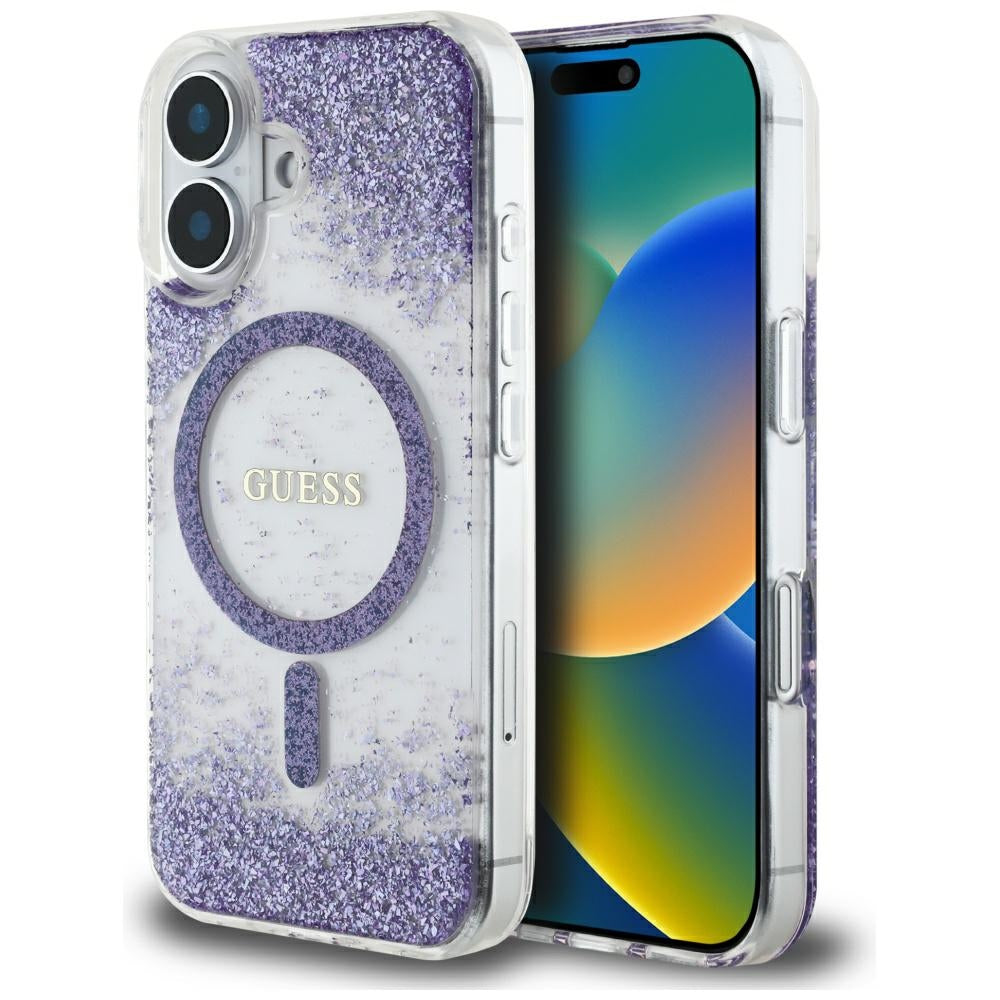 Coque MagSafe pour Apple iPhone 16, Guess, Resin Bottom Glitter, Violet