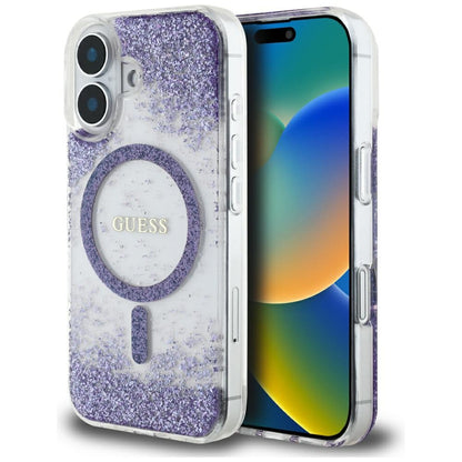 Coque MagSafe pour Apple iPhone 16, Guess, Resin Bottom Glitter, Violet