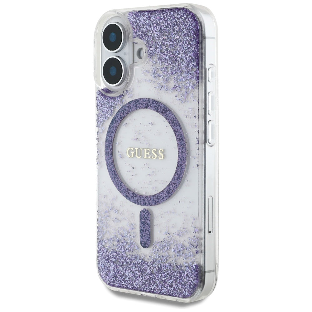 Coque MagSafe pour Apple iPhone 16, Guess, Resin Bottom Glitter, Violet
