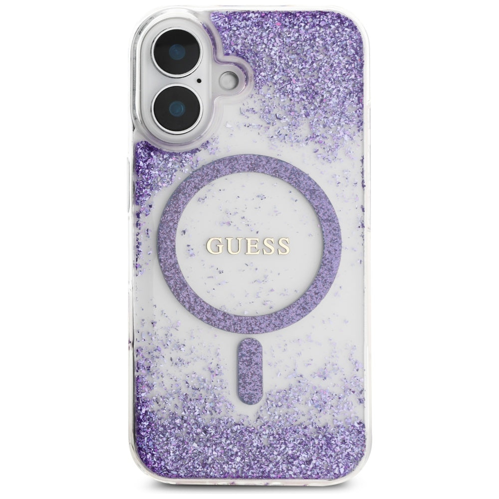 Coque MagSafe pour Apple iPhone 16, Guess, Resin Bottom Glitter, Violet