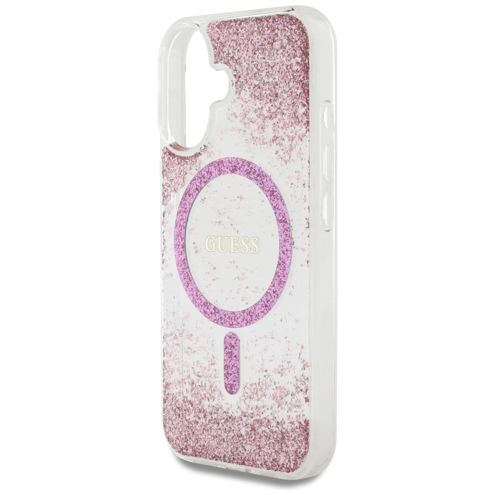 Coque MagSafe pour Apple iPhone 16, Guess, Resin Bottom Glitter, Rose