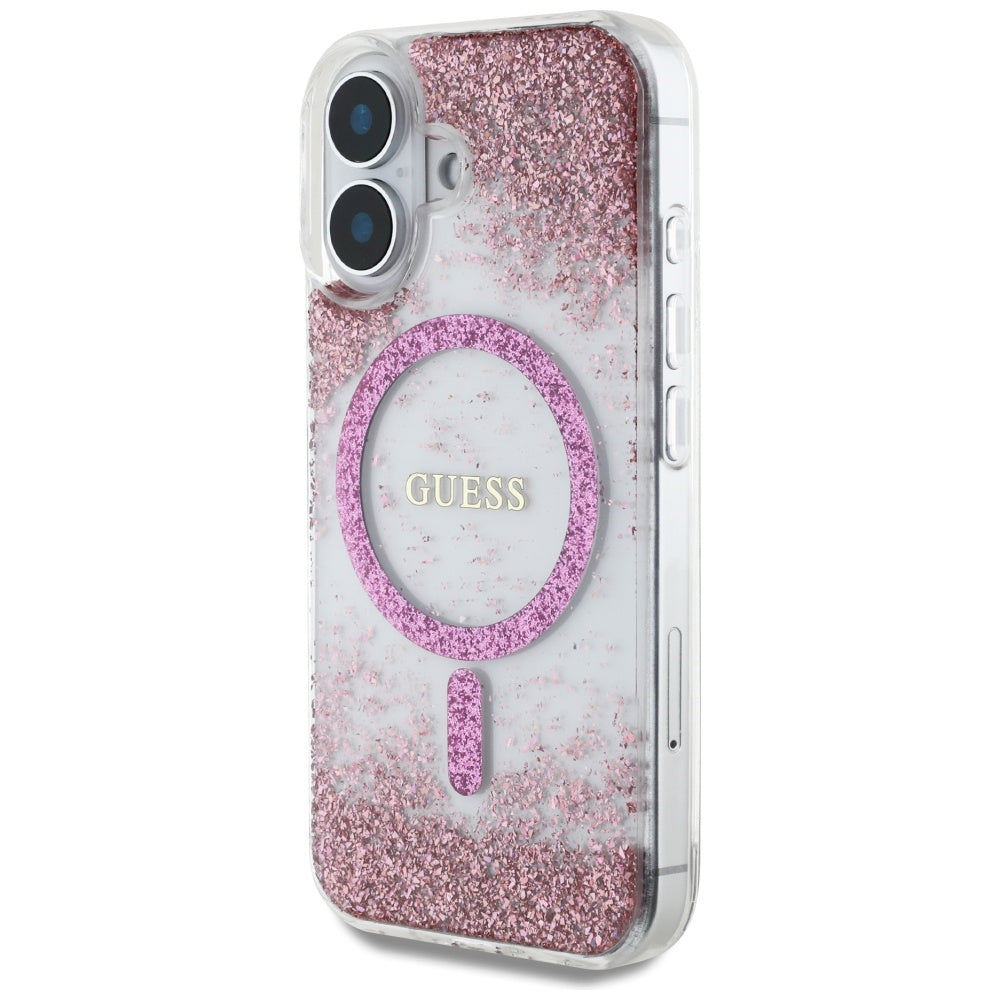 Coque MagSafe pour Apple iPhone 16, Guess, Resin Bottom Glitter, Rose