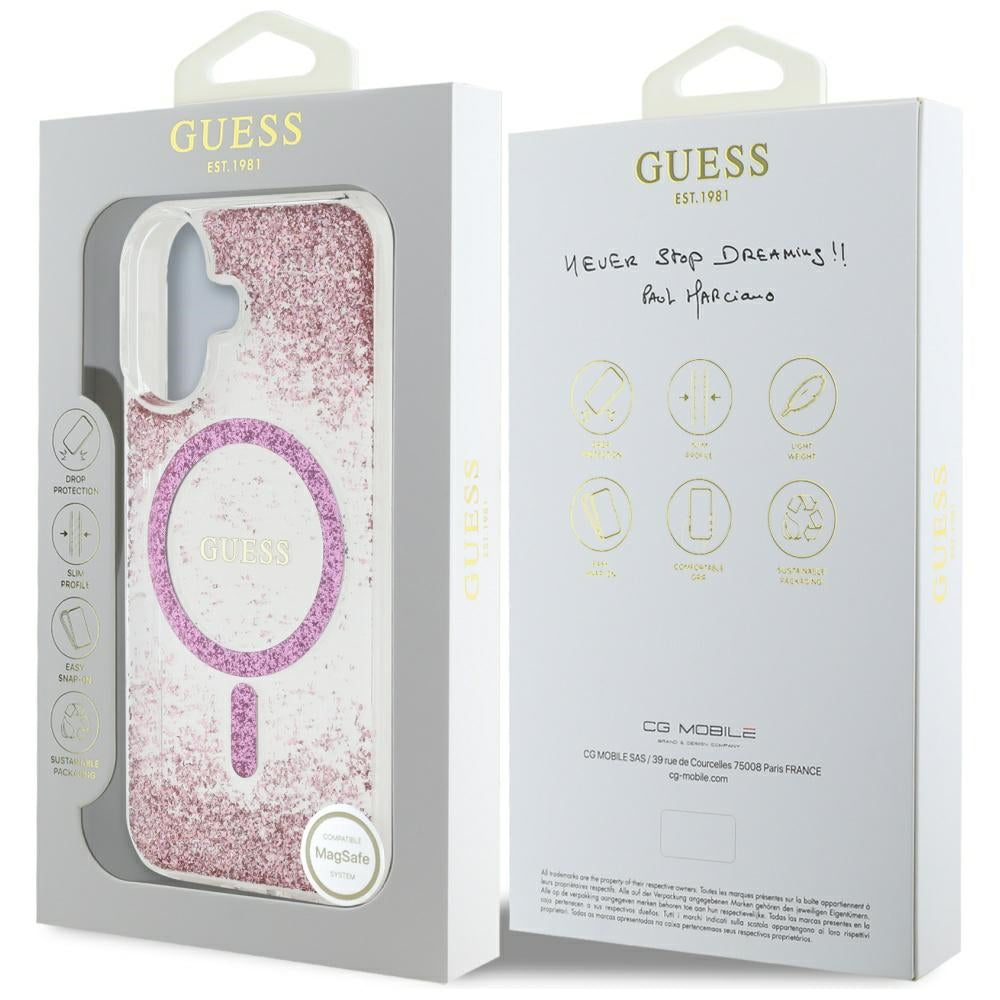 Coque MagSafe pour Apple iPhone 16, Guess, Resin Bottom Glitter, Rose