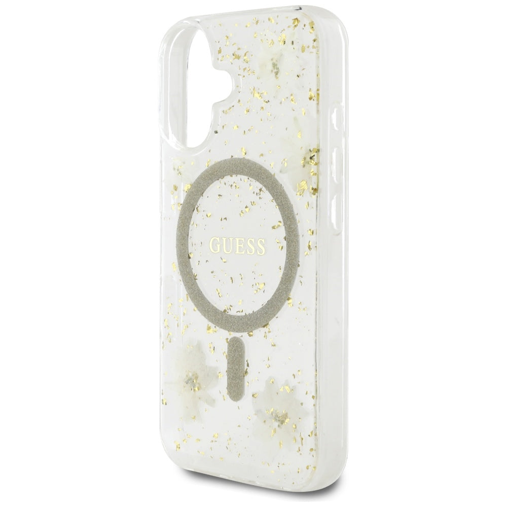 MagSafe Hülle für Apple iPhone 16, Guess, Resin Flowers and Glitter, Beige