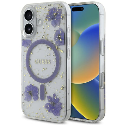 Custodia MagSafe per Apple iPhone 16, Guess, Resin Flowers and Glitter, Viola