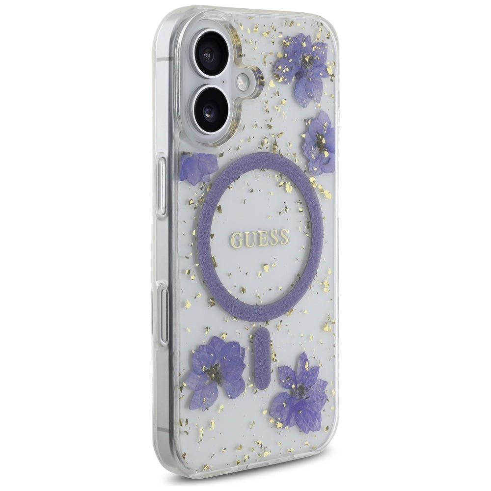 Custodia MagSafe per Apple iPhone 16, Guess, Resin Flowers and Glitter, Viola