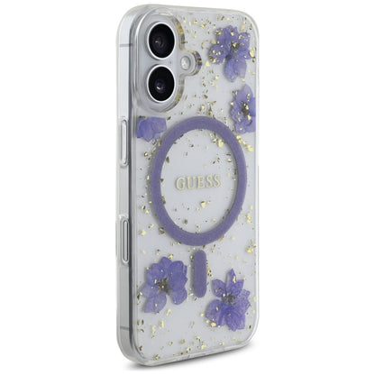 Custodia MagSafe per Apple iPhone 16, Guess, Resin Flowers and Glitter, Viola