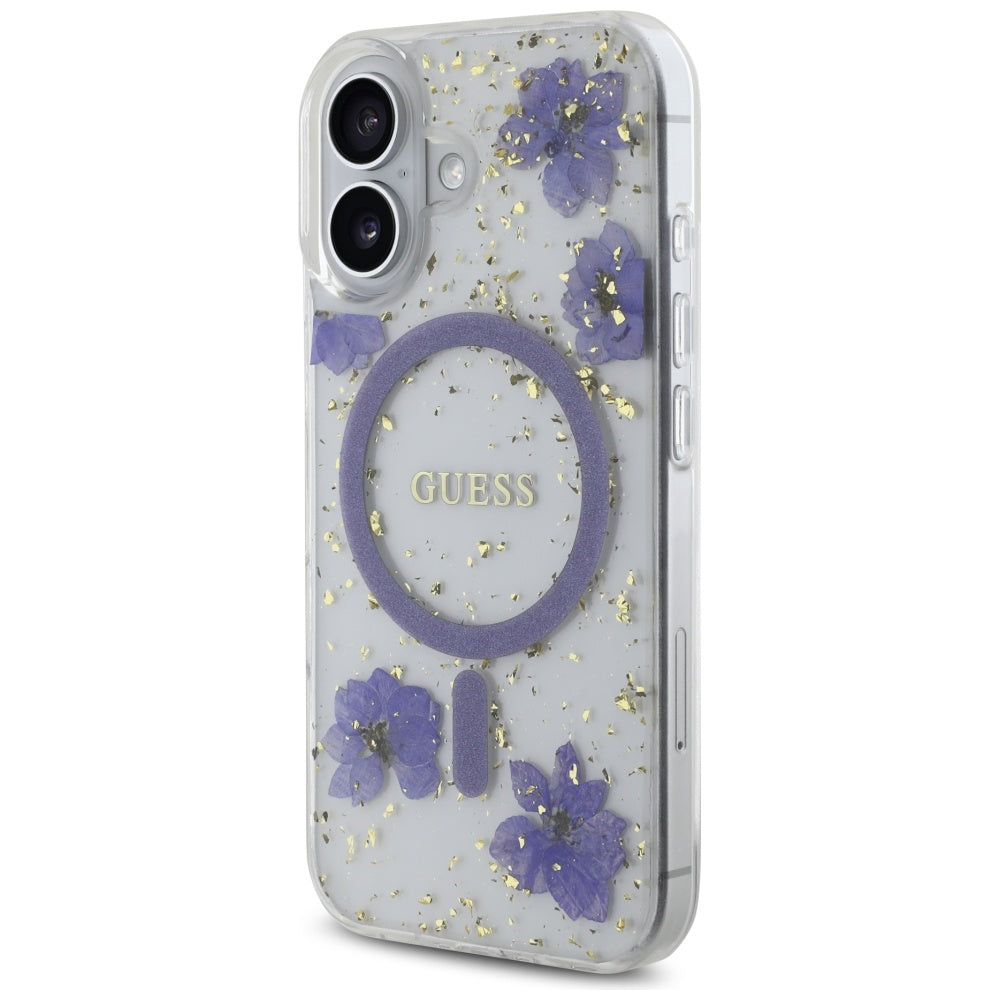 Custodia MagSafe per Apple iPhone 16, Guess, Resin Flowers and Glitter, Viola