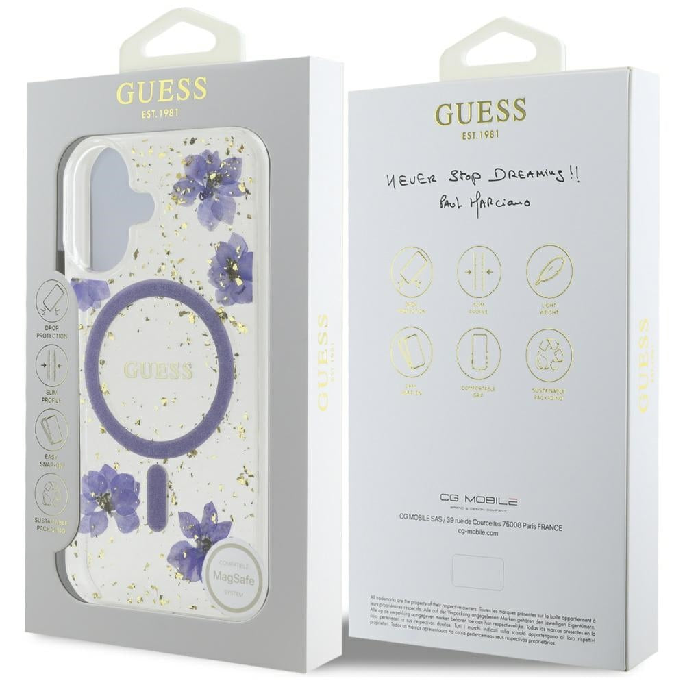 Custodia MagSafe per Apple iPhone 16, Guess, Resin Flowers and Glitter, Viola