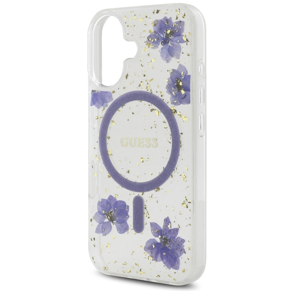 Custodia MagSafe per Apple iPhone 16, Guess, Resin Flowers and Glitter, Viola