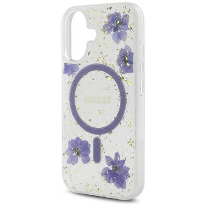 Custodia MagSafe per Apple iPhone 16, Guess, Resin Flowers and Glitter, Viola