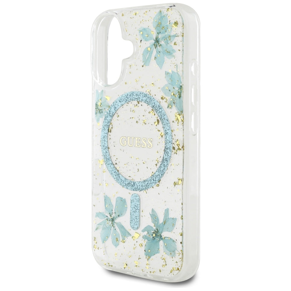 MagSafe Case for Apple iPhone 16, Guess, Resin Flowers and Glitter, Turquoise