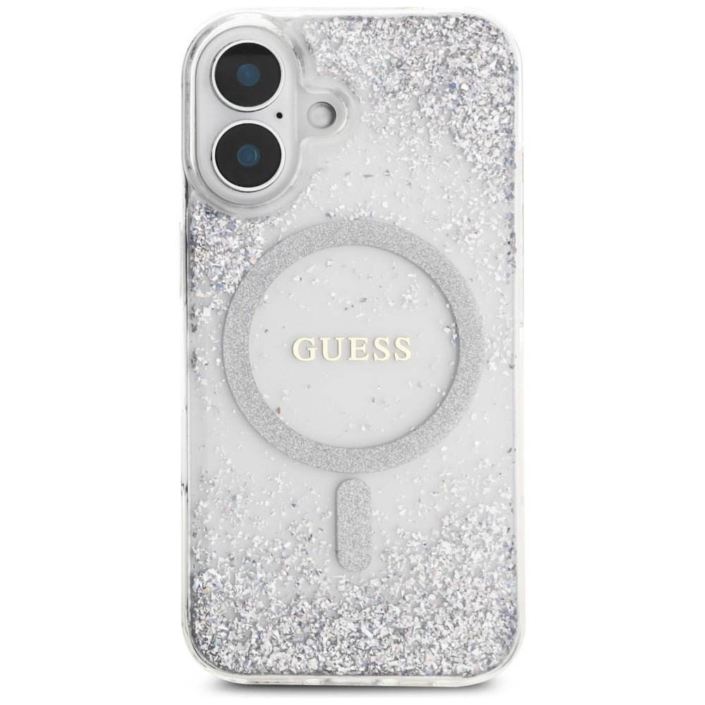 Coque MagSafe pour Apple iPhone 16, Guess, Resin Gradient Glitter, Argentée