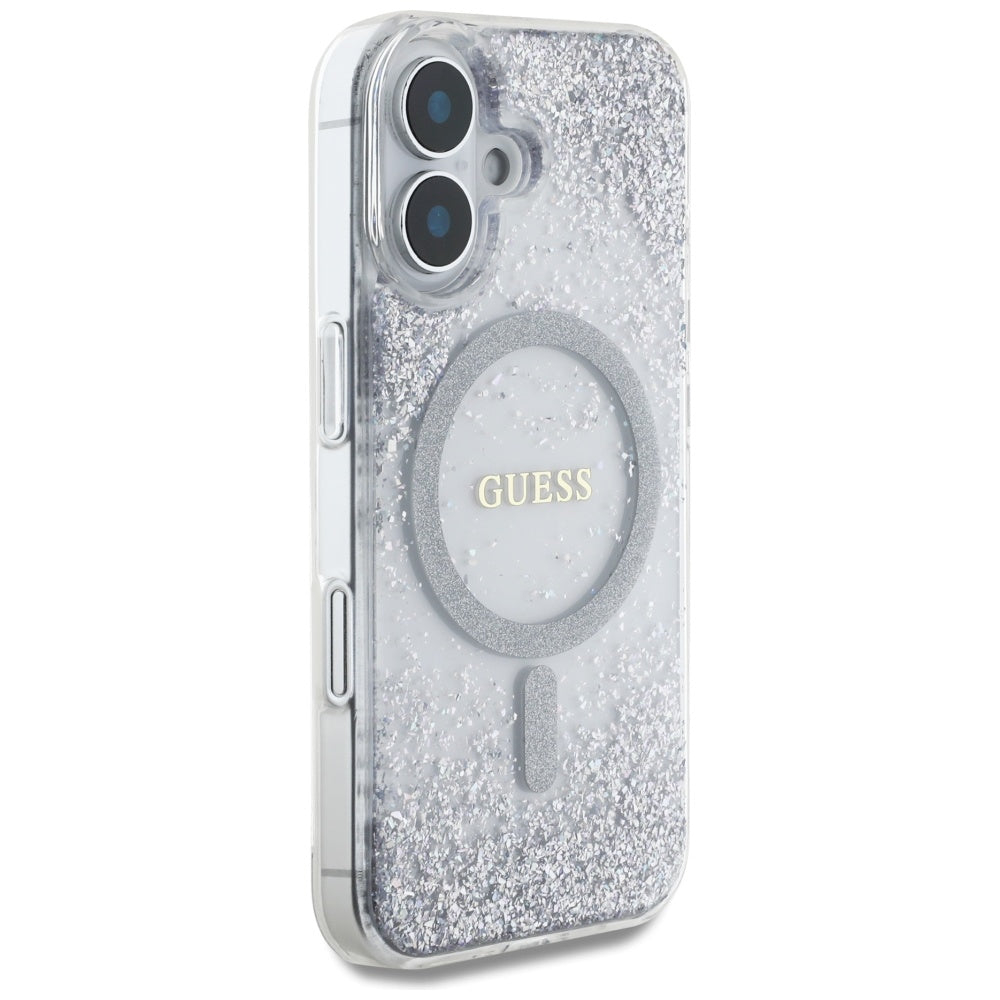 Coque MagSafe pour Apple iPhone 16, Guess, Resin Gradient Glitter, Argentée