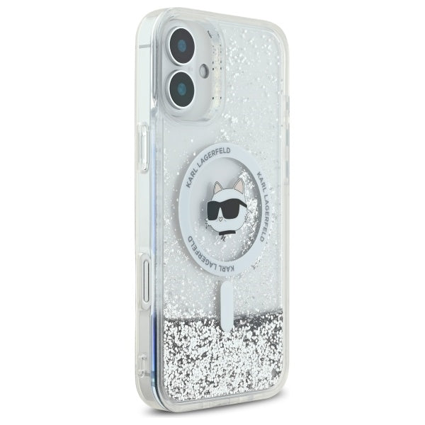 Custodia MagSafe per Apple iPhone 16, Karl Lagerfeld, Glitter Liquid Choupette Head, Trasparente