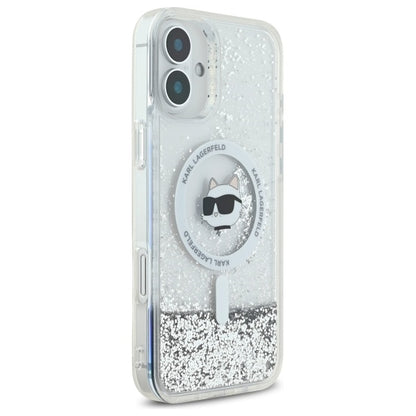 Custodia MagSafe per Apple iPhone 16, Karl Lagerfeld, Glitter Liquid Choupette Head, Trasparente