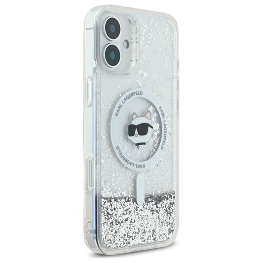 Custodia MagSafe per Apple iPhone 16, Karl Lagerfeld, Glitter Liquid Choupette Head, Trasparente