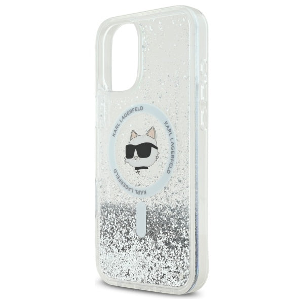 Custodia MagSafe per Apple iPhone 16, Karl Lagerfeld, Glitter Liquid Choupette Head, Trasparente