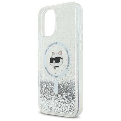 Custodia MagSafe per Apple iPhone 16, Karl Lagerfeld, Glitter Liquid Choupette Head, Trasparente