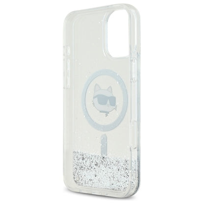 Custodia MagSafe per Apple iPhone 16, Karl Lagerfeld, Glitter Liquid Choupette Head, Trasparente