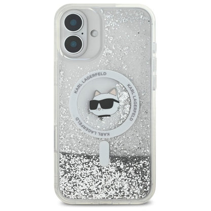 Custodia MagSafe per Apple iPhone 16, Karl Lagerfeld, Glitter Liquid Choupette Head, Trasparente