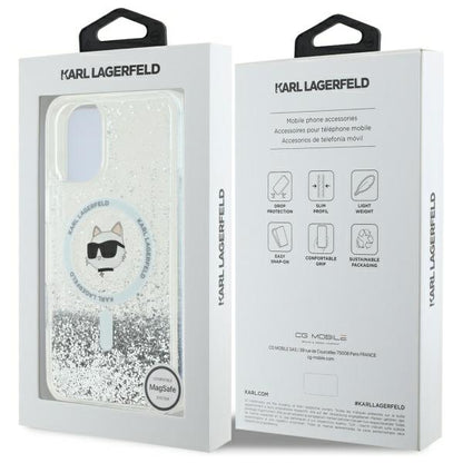 Custodia MagSafe per Apple iPhone 16, Karl Lagerfeld, Glitter Liquid Choupette Head, Trasparente