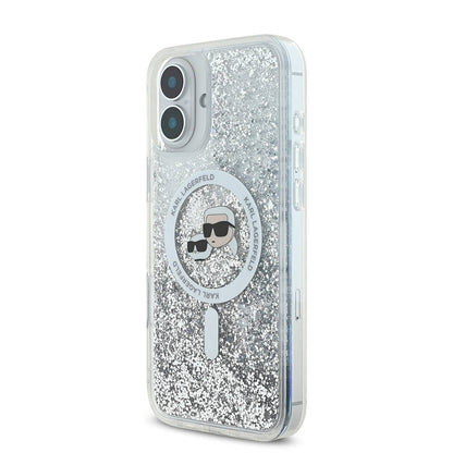 Custodia MagSafe per Apple iPhone 16, Karl Lagerfeld, Glitter Liquid Karl & Choupette's Heads, Trasparente