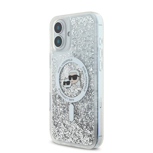 Custodia MagSafe per Apple iPhone 16, Karl Lagerfeld, Glitter Liquid Karl & Choupette's Heads, Trasparente