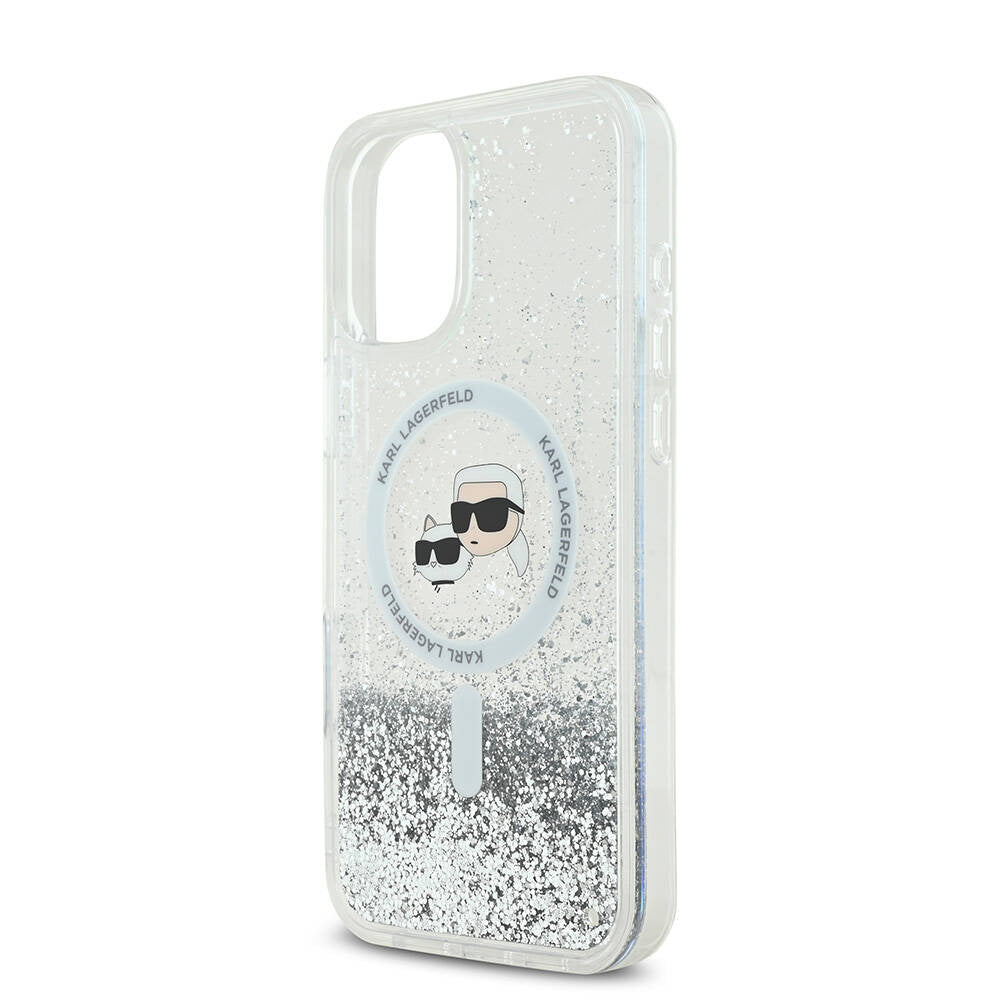 Custodia MagSafe per Apple iPhone 16, Karl Lagerfeld, Glitter Liquid Karl & Choupette's Heads, Trasparente