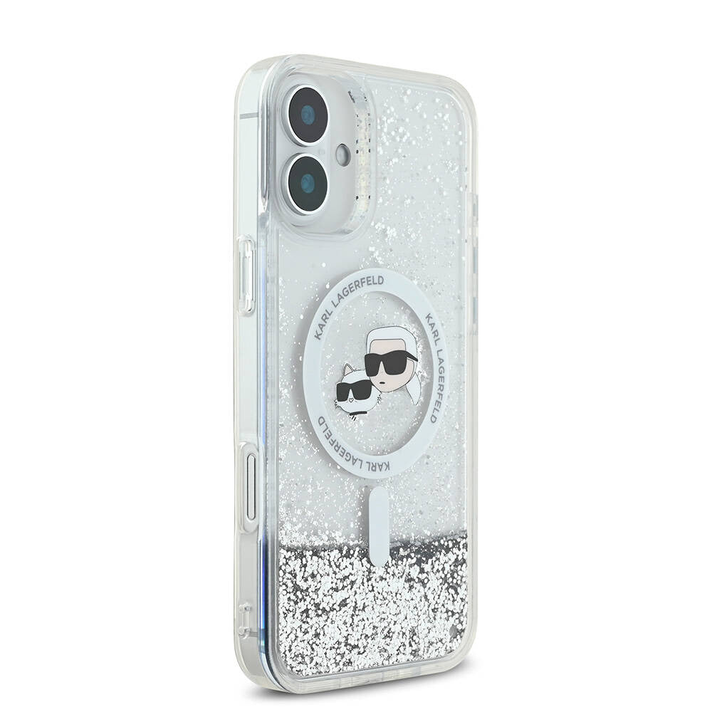 Custodia MagSafe per Apple iPhone 16, Karl Lagerfeld, Glitter Liquid Karl & Choupette's Heads, Trasparente