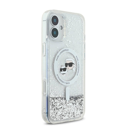 Custodia MagSafe per Apple iPhone 16, Karl Lagerfeld, Glitter Liquid Karl & Choupette's Heads, Trasparente