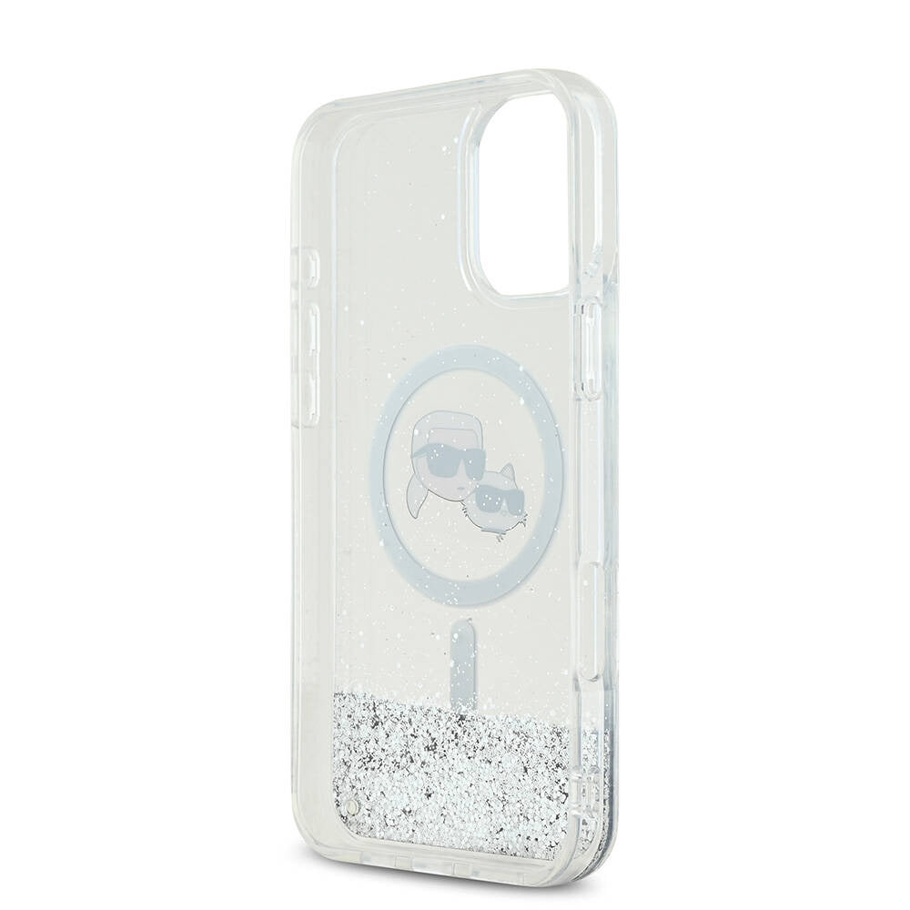 Custodia MagSafe per Apple iPhone 16, Karl Lagerfeld, Glitter Liquid Karl & Choupette's Heads, Trasparente