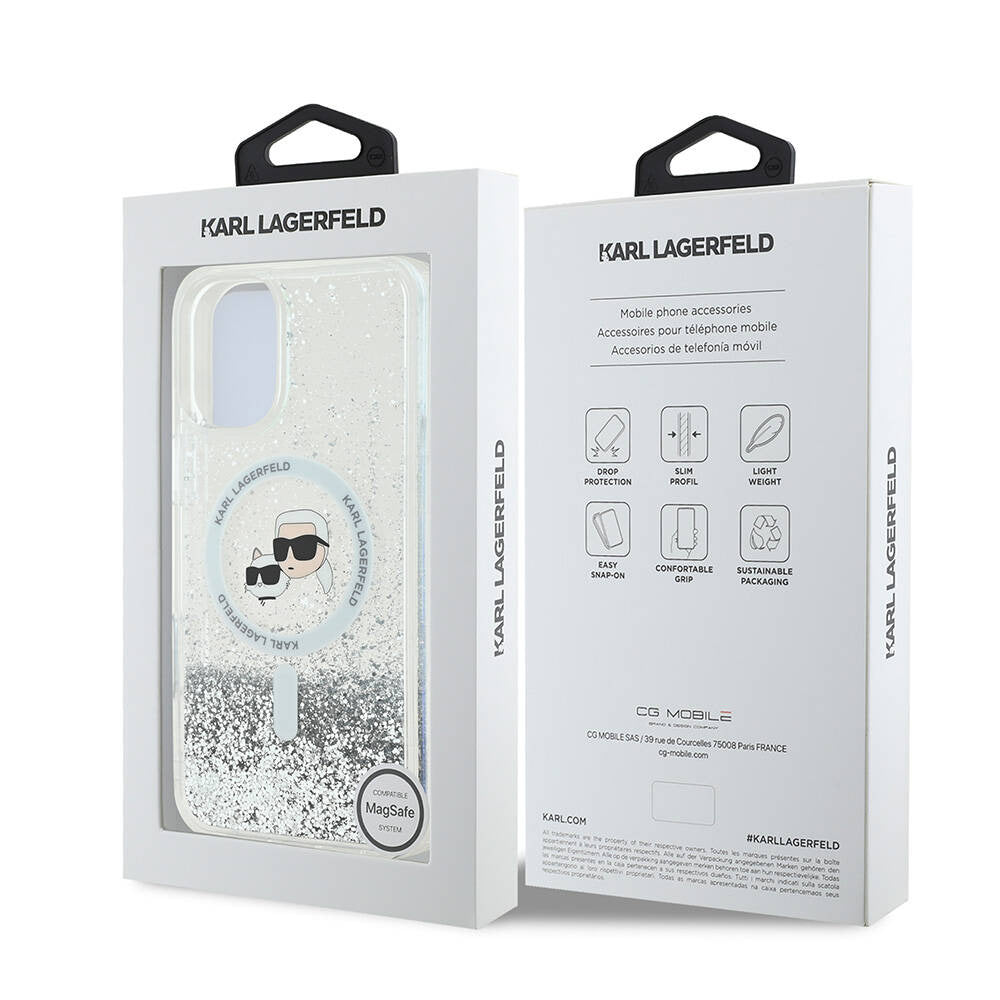 Custodia MagSafe per Apple iPhone 16, Karl Lagerfeld, Glitter Liquid Karl & Choupette's Heads, Trasparente
