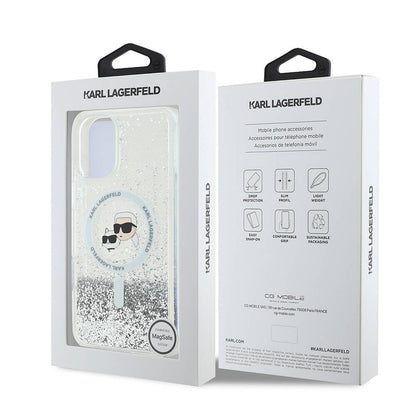 Custodia MagSafe per Apple iPhone 16, Karl Lagerfeld, Glitter Liquid Karl & Choupette's Heads, Trasparente