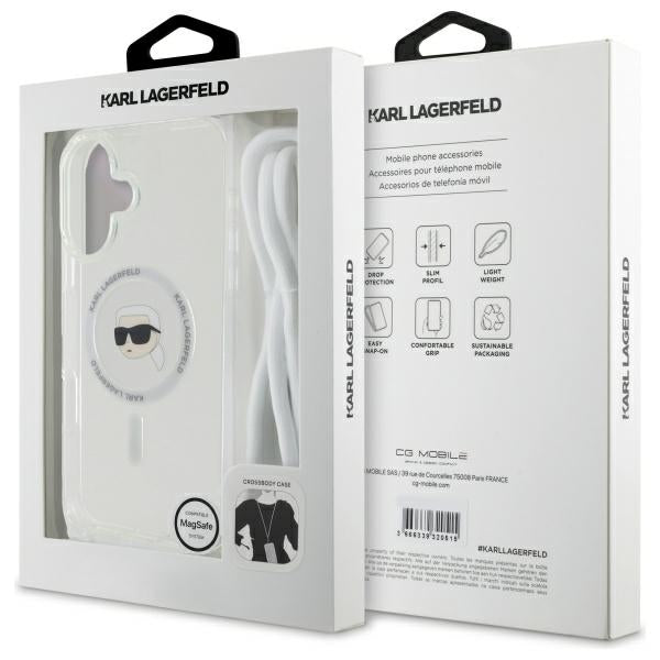 Custodia MagSafe per Apple iPhone 16, Karl Lagerfeld, IML Crossbody Karl's Head, Trasparente
