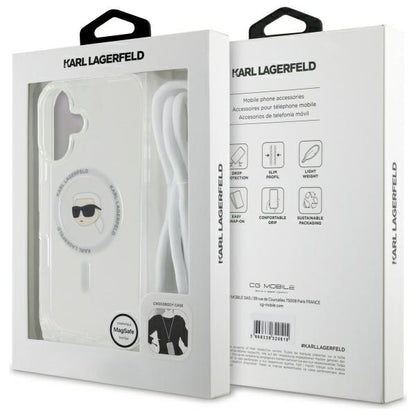 Custodia MagSafe per Apple iPhone 16, Karl Lagerfeld, IML Crossbody Karl's Head, Trasparente
