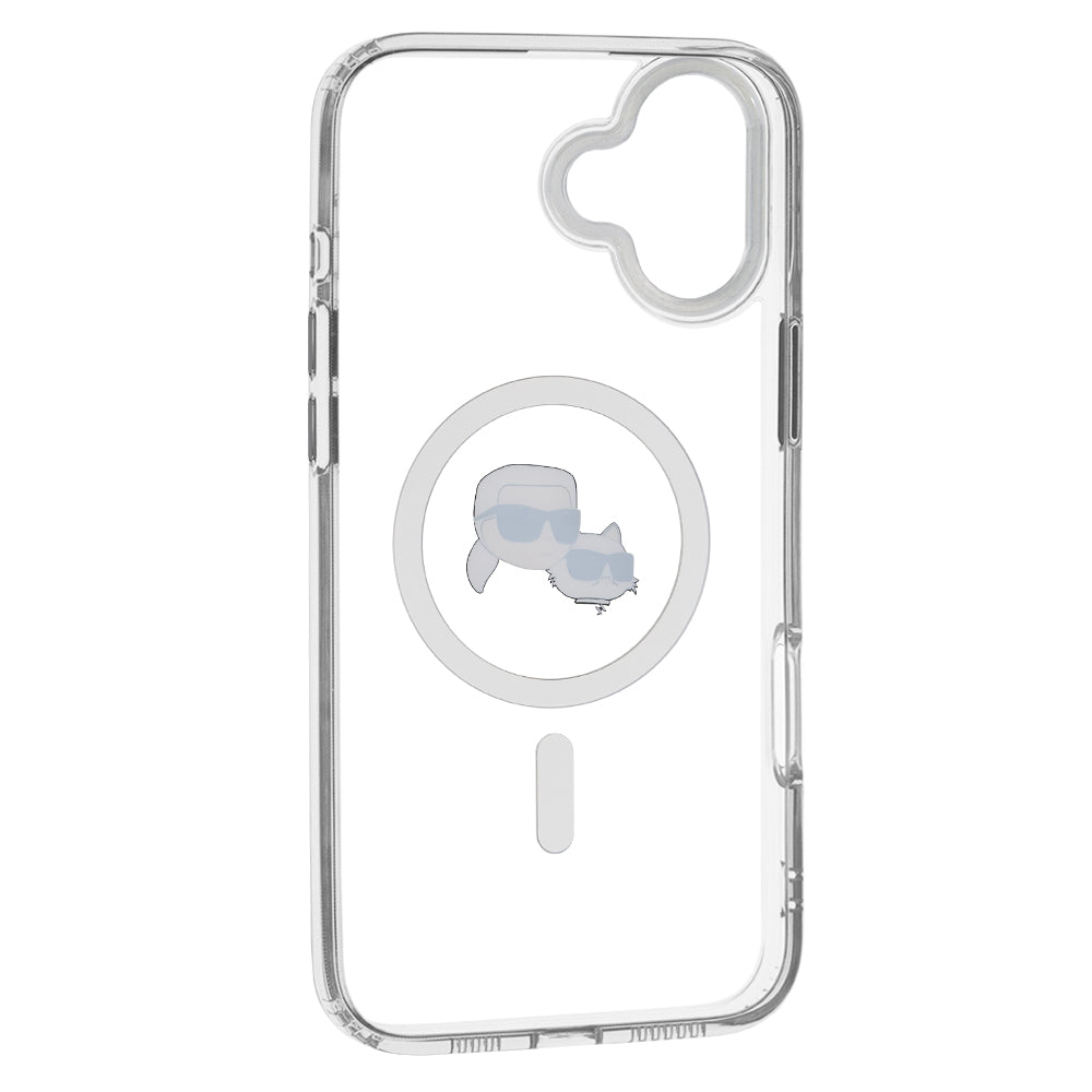 Coque MagSafe pour Apple iPhone 16, Karl Lagerfeld, IML Métal Karl & Choupette's Heads, Blanche