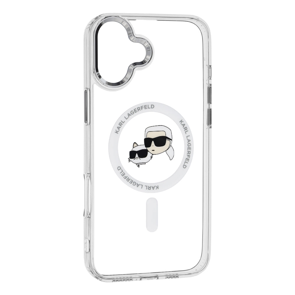 Coque MagSafe pour Apple iPhone 16, Karl Lagerfeld, IML Métal Karl & Choupette's Heads, Blanche
