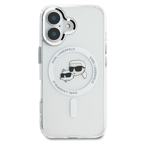 Coque MagSafe pour Apple iPhone 16, Karl Lagerfeld, IML Métal Karl & Choupette's Heads, Blanche