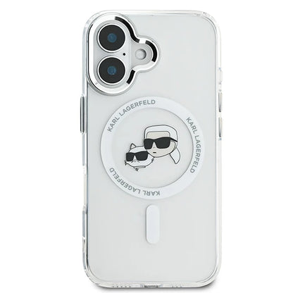 Coque MagSafe pour Apple iPhone 16, Karl Lagerfeld, IML Métal Karl & Choupette's Heads, Blanche