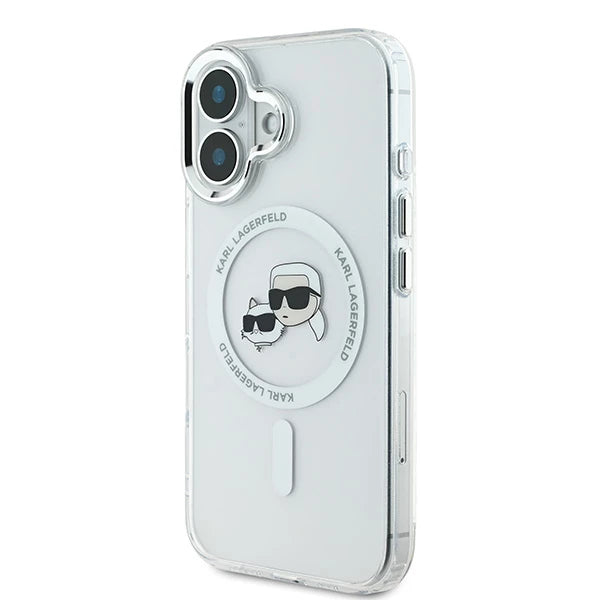 Coque MagSafe pour Apple iPhone 16, Karl Lagerfeld, IML Métal Karl & Choupette's Heads, Blanche
